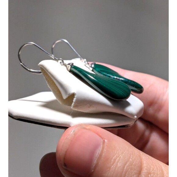 Sterling Silver 925 Polished Green Malachite Dangle Earrings Modern - Picture 4 of 6